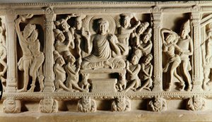 Relief depicting seated Buddha preaching surrounded by worshippers, Mathura School by Indian School